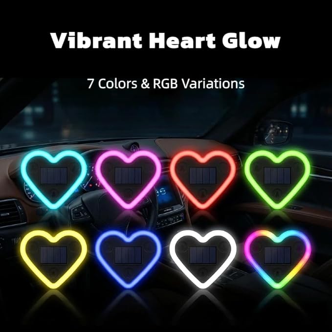 Car LED Ambient Lighting - 7 Colors 8 Modes RGB Solar Powered&USB Charging Heart-Shaped Neon Light for Window IP65 Waterproof Car Interior Light Decoration(2Pcs)