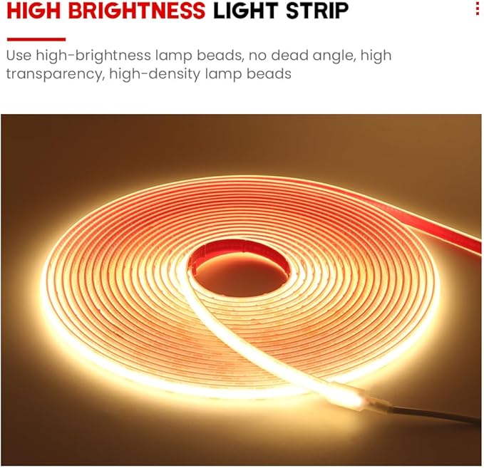 12V COB LED Strip Lights 320 LEDs/M IP68 Waterproof Super Bright DC Flexible LED Tape Lights with Power Adapter for for DIY Bedroom Kitchen Home Decor