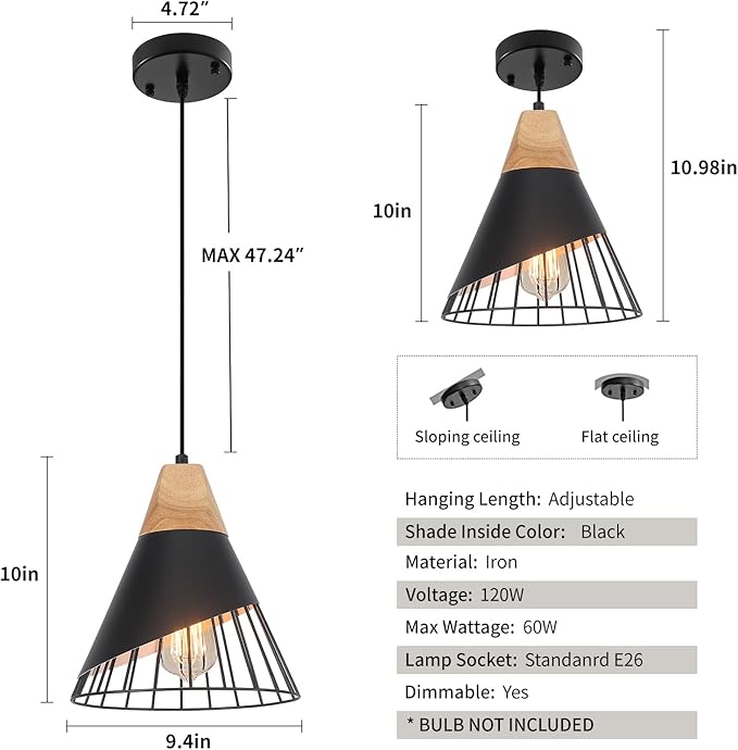 Black Pendant Light, 2 Packs 9.4inch Modern Pendant Lights, Farmhouse Pendant Light, Kitchen Pendant Lighting, Black Pendant Lights Kitchen Island for Living Room, Bar, Bedroom, Office