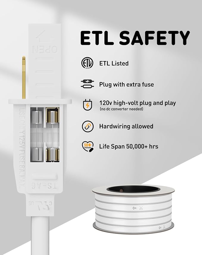 Shine Decor LED Rope Lights AC 120V, Connectable & Cuttable Dotless 120LEDs/M Eco Neon Strip Lighting, ETL IP65 Waterproof & Weather-Resistant for Home Commercial, 8x16mm, 6000K Cool White, 32.8FT