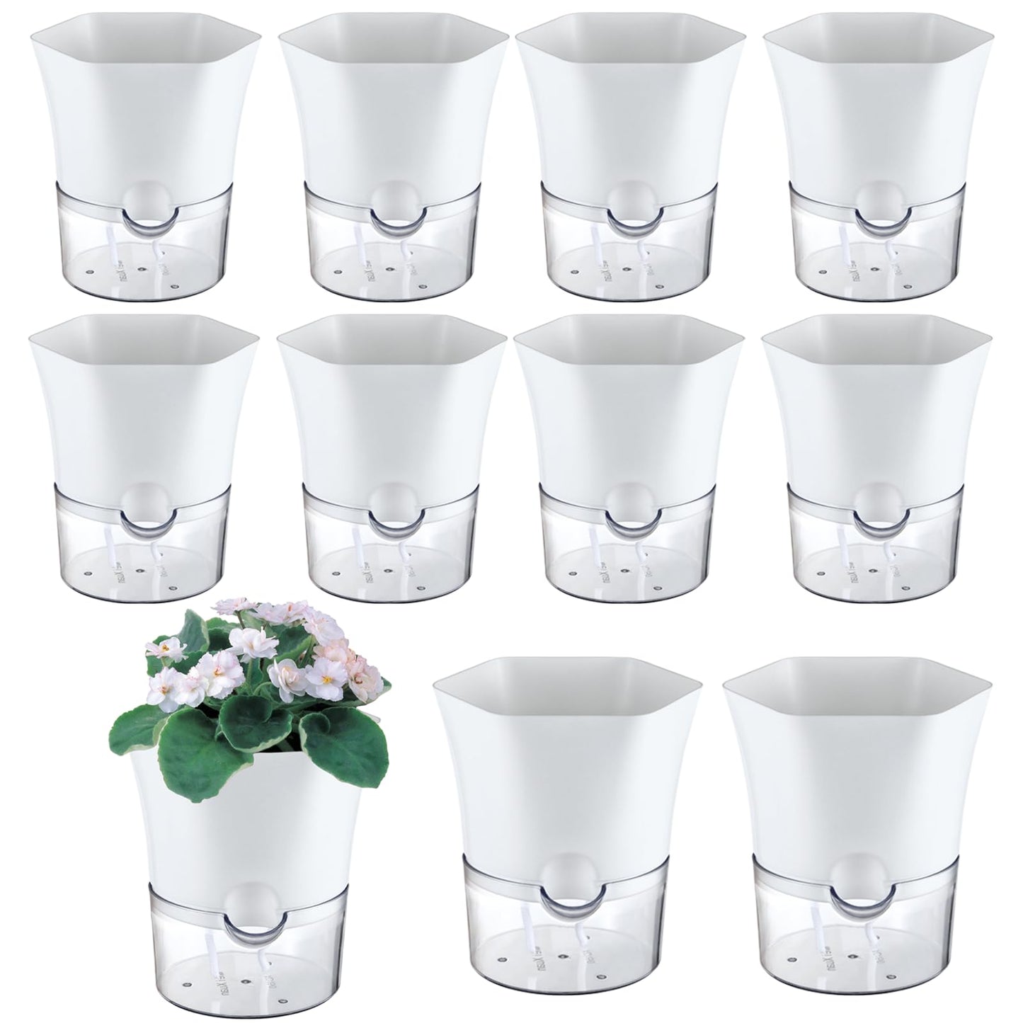 10-Pack 6" Clear Self Watering Pots for Indoor Plants Large Hexagon Self-Watering Planters Orchid Pots Plastic Wick Flower Plant Pots for African Violet, Spider, Herbs, Home Decor, White and Clear