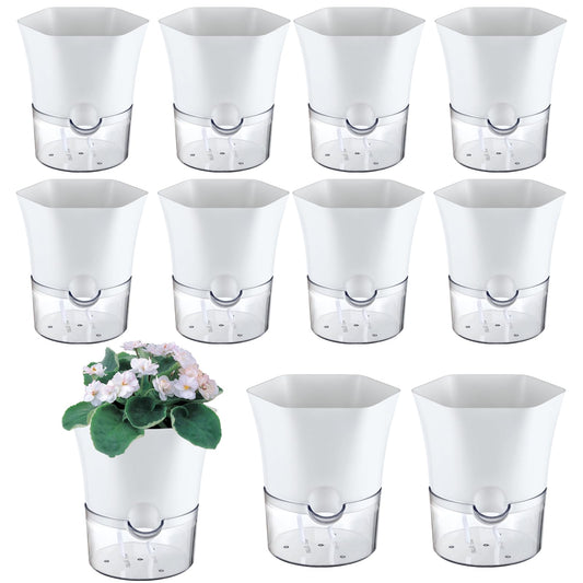 10-Pack 6" Clear Self Watering Pots for Indoor Plants Large Hexagon Self-Watering Planters Orchid Pots Plastic Wick Flower Plant Pots for African Violet, Spider, Herbs, Home Decor, White and Clear