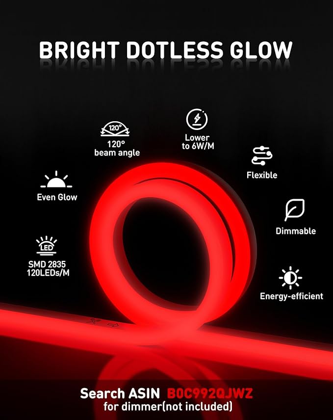 Shine Decor LED Rope Lights AC 120V, Connectable & Cuttable Dotless 120LEDs/M Eco Neon Strip Lighting, ETL IP65 Waterproof & Weather-Resistant for Home Commercial, 8x16mm, Red, 50FT
