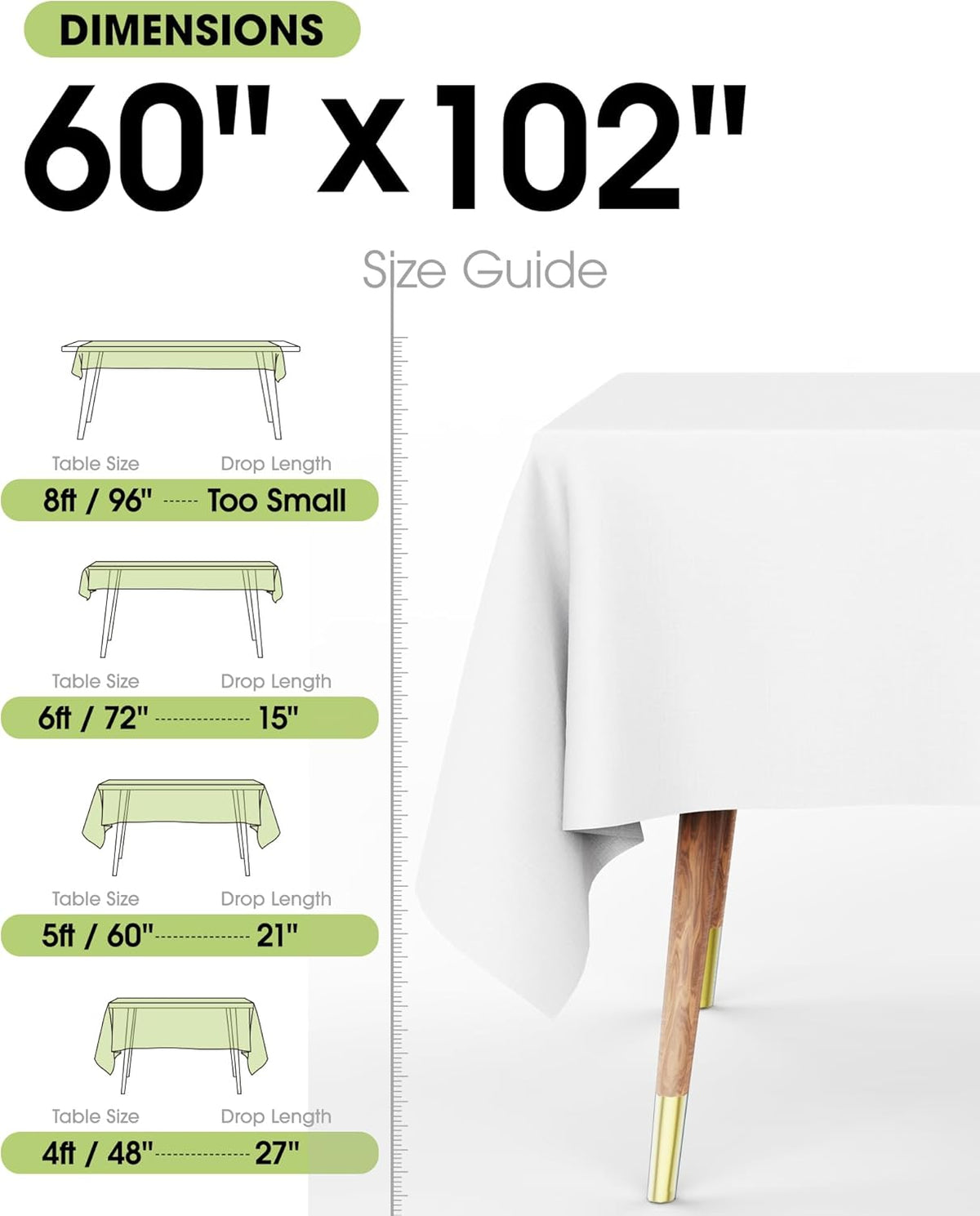Pureegg Rectangle Table Cloth - Durable 60" x 102" Polyester Tablecloths | Reusable & Washable for Outdoor Events, Weddings, Picnics, 2 Pack, White