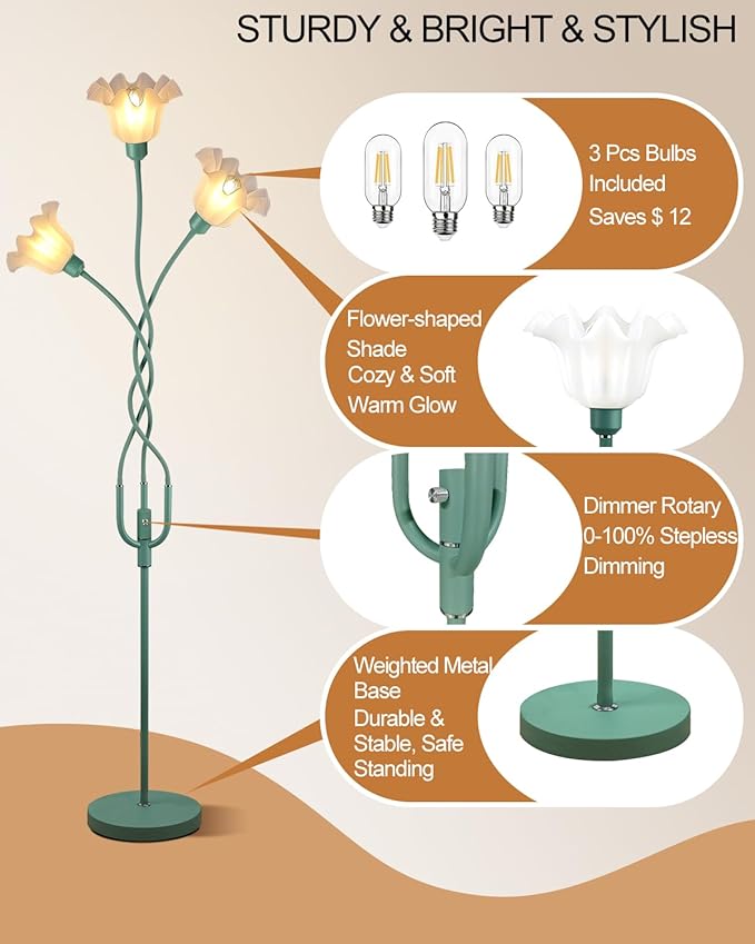 Lightdot Flower Floor Lamp for Living Room, Modern Tree Floor Lamp with DIY Goosenecks & Bulbs Included, Spring Green 3 Light Floral Standing Tall Lamp for Bedroom/Kid's Room/Sofa Beside/Corner Decor