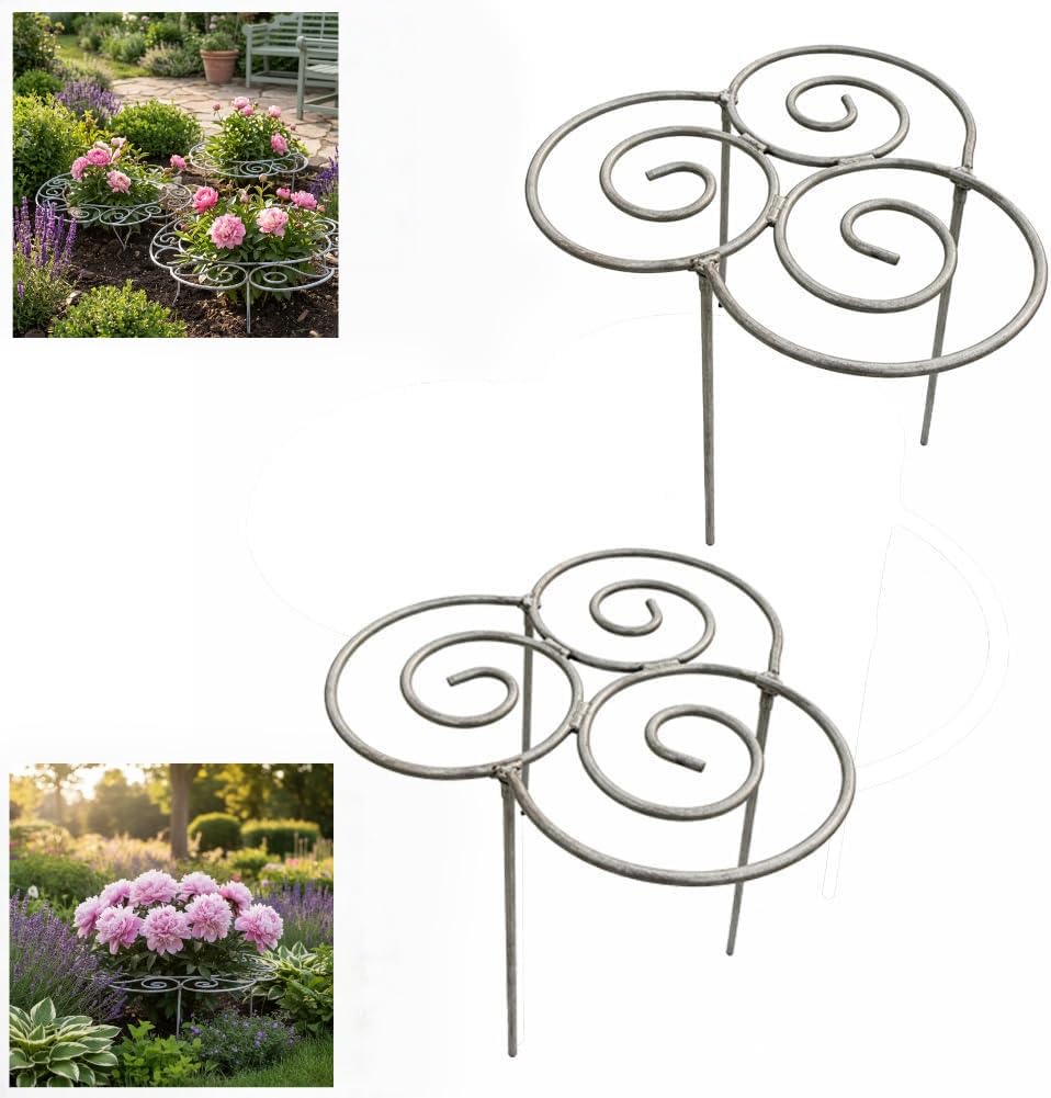 Peony Cages and Supports–Heavy Duty Metal Plant Support Ring for Garden, Grow Through Plant Support Stakes for Roses Hydrangeas, Outdoor Flower Cage with Weather-Resistant Iron Frame (2 pcs smal)