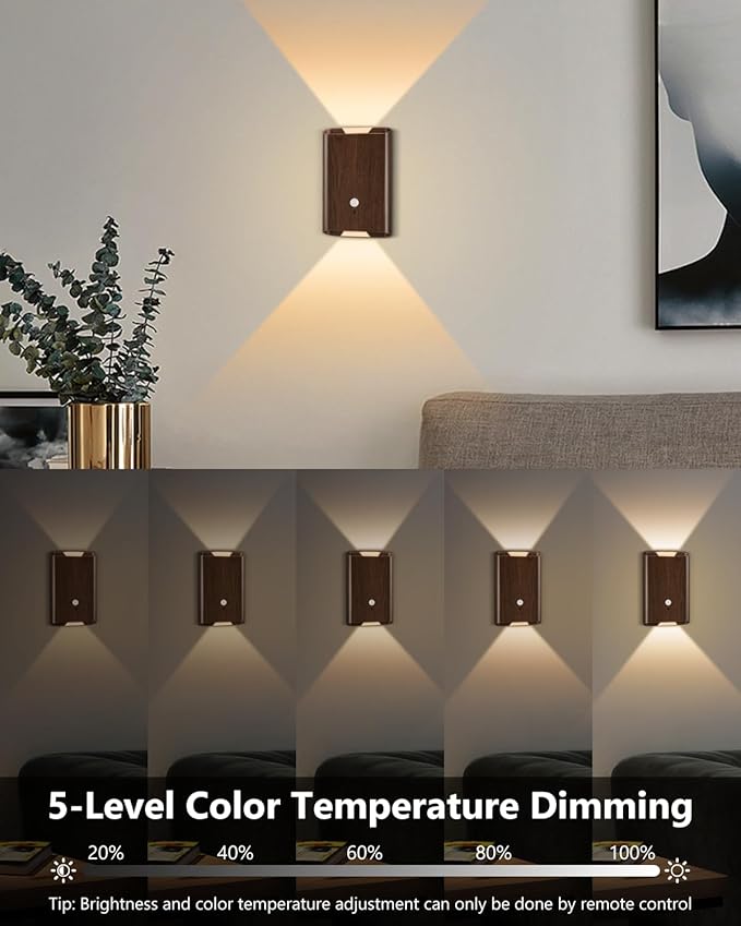 Rechargeable Motion Sensor Wall Sconce Set of 2 – 5000mAh Wireless Battery Operated Wall Light Indoor, 3 Colors Up/Down Lighting Magnetic Night Light with Remote Control for Bedroom, Hallway (Walnut)