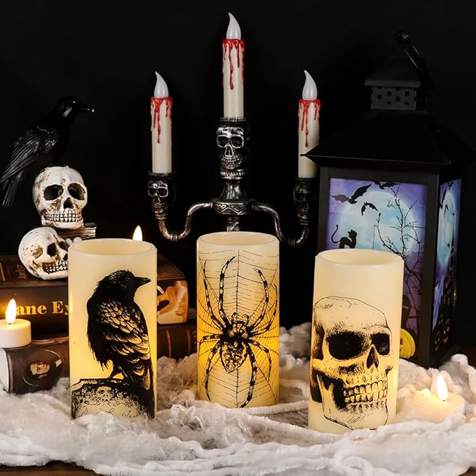 Eldnacele Halloween LED Flameless Flickering Candles Battery Operated with 6H Timer Skull Spider Web Crow Raven Spooky Decals Halloween Themed Indoor Decoration(3 Pack, D3 x H6)
