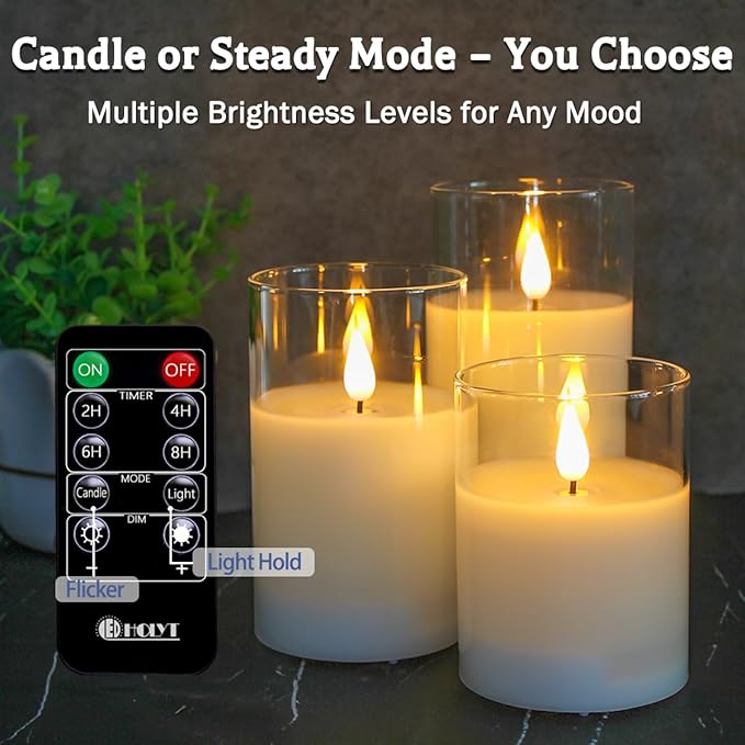 Rechargeable Flameless Glass Pillar Candles–Easter Flameless Candles Decorations,–Set of 3, Realistic Flickering LED Light,Remote & Timer, Ideal for Living Room, Bedroom & Easter Décor