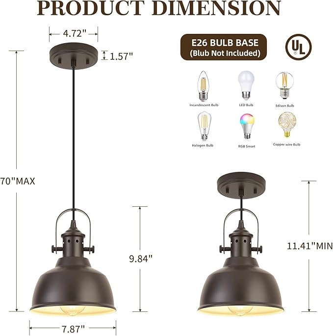 Farmhouse Small Pendant Lights, Oil Rubbed Bronze Pendant Lighting for Kitchen Island, lndustrial Adjustable Height Hanging Light for Barn, Dining Room, 3 Pack
