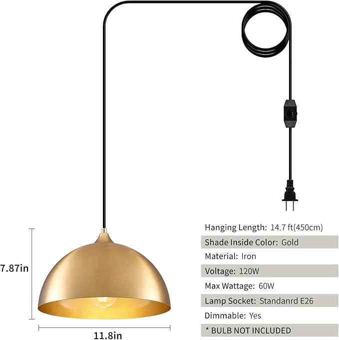 Plug in Hanging Light 2 Packs 11.8inch, Gold Hang Lamp Plug in, Farmhouse Pendant Light, Pendant Lights Kitchen Island, Hanging Lights with Plug in Cord 14.ft