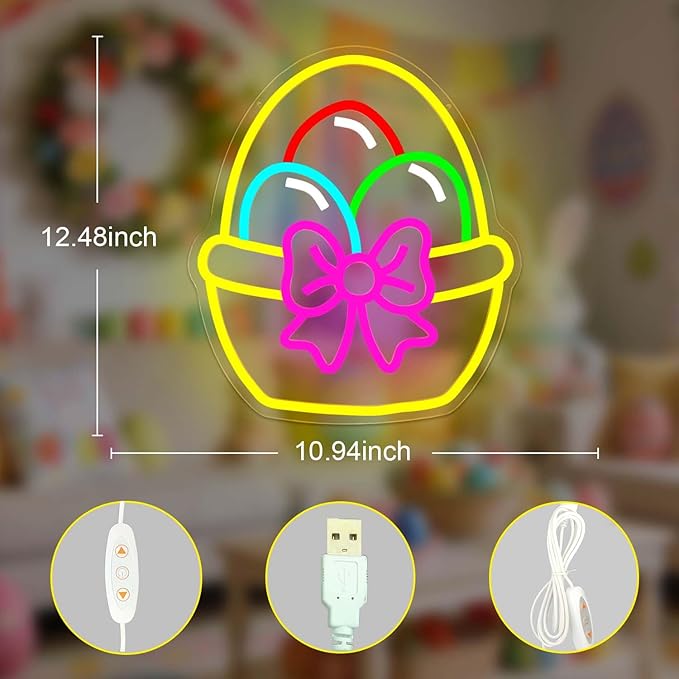 Easter Neon Sign Egg Basket LED Sign for Wall Decor USB Eggs Light Sign for Bar Kitchen Bedroom Easter Decorations Neon Wall Art Light Up Basket Sign for Wall Table Window Festive Decoration Gifts for Family Friends