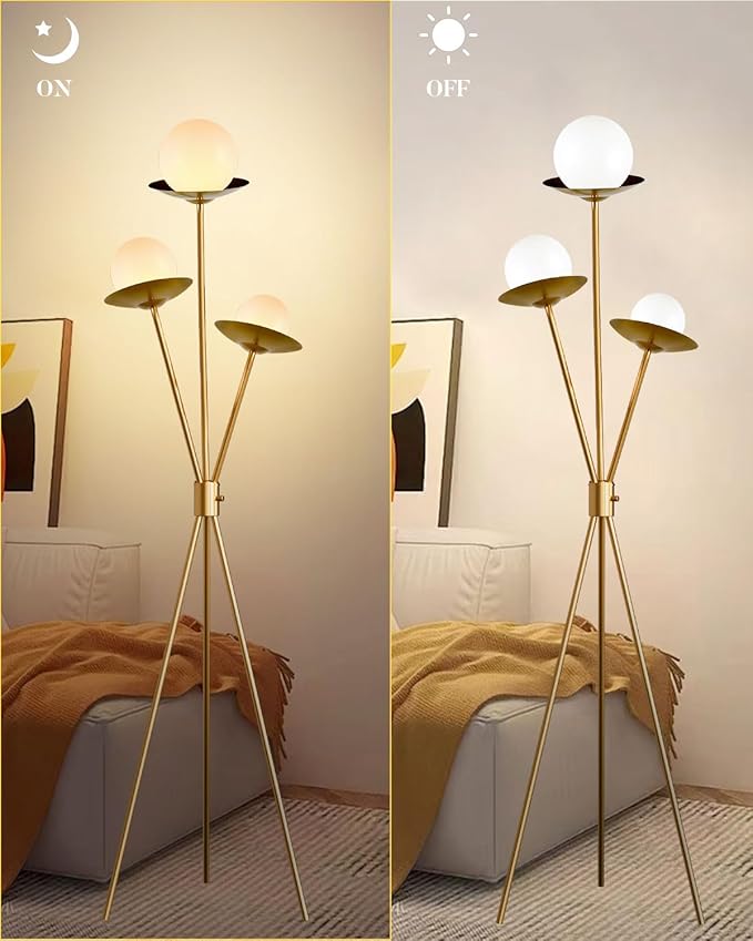 Lightdot Tripod Floor Lamp Dimmable Globe Floor Lamps with 3 LED Bulbs Included, 3000K Soft Warmwhite Modern Standing Lamps Gold Tall Lamp for Living Room/Bedroom/Sofa Beside/Corner Decor