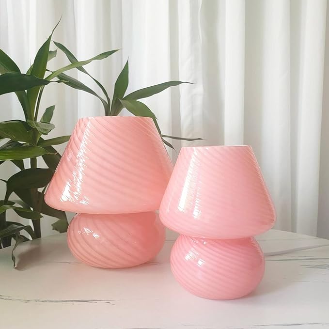 Swirl Mushroom Lamp, Translucent Glass Table Bedside Lamps Italian Style Modern Striped Desk Light for Baby Home Decoration of Dining, Living, Study (Bright Yellow, Maxi Dia8.7*H9.9 Inches)