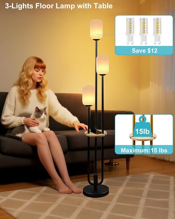 Black Dimmable Floor Lamp with Table, Modern Floor Lamps with Oval Striped Lampshade 3000K Soft Warm White 3-Lights Candle Holder Style Tall Lamp for Living Room/Bedroom