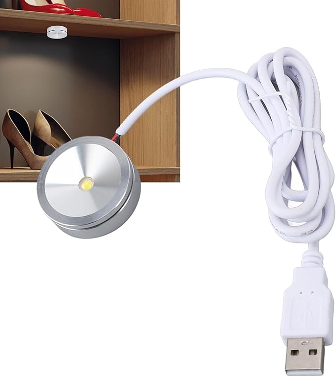 Hyuduo Round LED Spotlight 1W for Jewelry Cabinet, USB-Powered Showcase Light with 4.2ft CableWhite Light Small Shelf Lamp