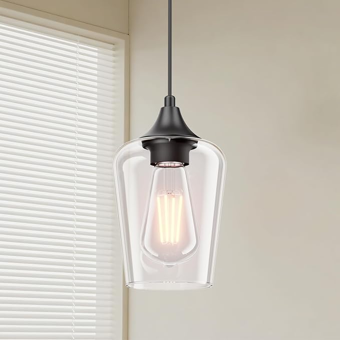 Ralbay Matte Black Industrial Pendant Light 3-Pack, Pendant Light Fixtures with Wine Clear Glass Shade, Adjustable Height for Kitchen Island, Farmhouse Dining Room Hanging Lighting Fixture