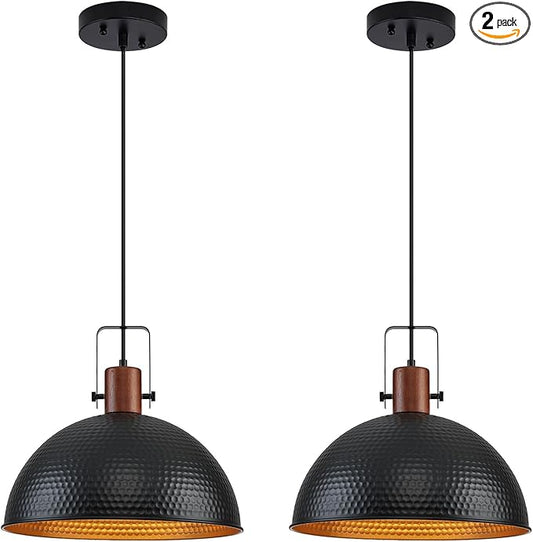 16 Inch Black Pendant Lights Hammered Matte Pendant Lights for Kitchen Island Industrial Farmhouse Adjustable Height Dome Hanging Light Fixtures for Barn, Dining Room 2 Packs