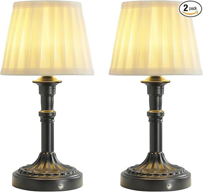 Portables Cordless Table Lamp Set of 2, Fabric Shade Des Lamps,5200mAh Battery Operated,3 Color Stepless Dimming Up,for Restaurant, Bedroom, Camping, Bar, Coffee Shop, (Black)