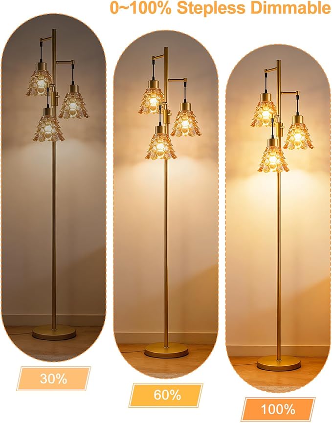Lightdot 67" Glass Floor Lamps for Living Room, 3-Light Dimmable Floor Lamp with Brown Glass Shade& E12 Bulbs Included, Mid Century Standing Tall Lamp for Bedroom/Sofa Beside/Corner Decor-Gold