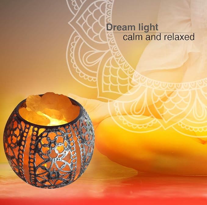 Salt Night Light,Natural Wall Light Salt Lamp with 1 Bulbs, Himalayan Rocks Salt Lamp with Spherical Metal Basket Gift（Flame lamp）