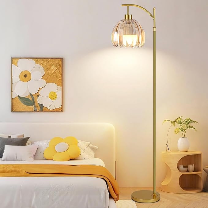 Glass Floor Lamp for Living Room,Bedroom,Gold Dimmable Standing Lamp with Remote,Mid Century Modern Brass Tall Lamp Boho Floor Lamps Arc Stained Flower Floor Light Lamp Girls Bohemian