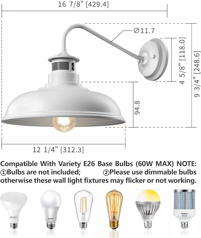 Set of 2 Gooseneck Outdoor Wall Lights Fixtures,Dusk to Dawn Motion Sensor Sconce Farmhouse Barn Lamp for Patio,3 Modes Dimmable Exterior Porch Light Wall Mount Lighting White with Rotary Dial Control