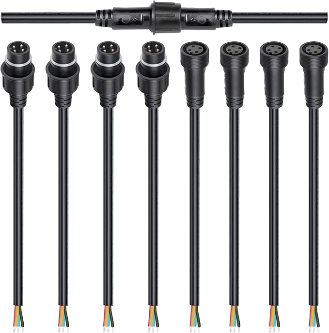 MAD OWL 4-Pin Waterproof LED Wire Connector Kit, 16 AWG 11inch/28cm Male Female Connectors with Tin Plated Joint for Various Waterproof Wires DIY (4 Set Black)