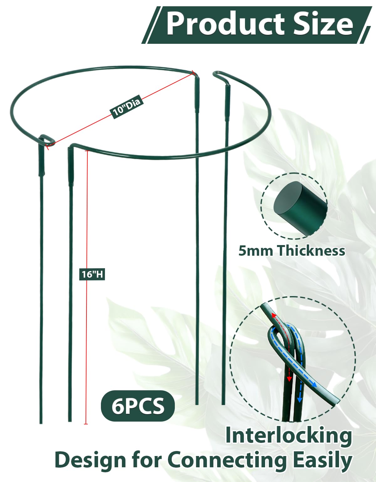 6 Pack Plant Support Stakes, Half Round Metal Peony Cages and Support, 10" W x 16" H Metal Sturdy Garden Plant Support Ring Cage for Potted Plant,Snake,Hydrangea,Monstera,Rose Bush