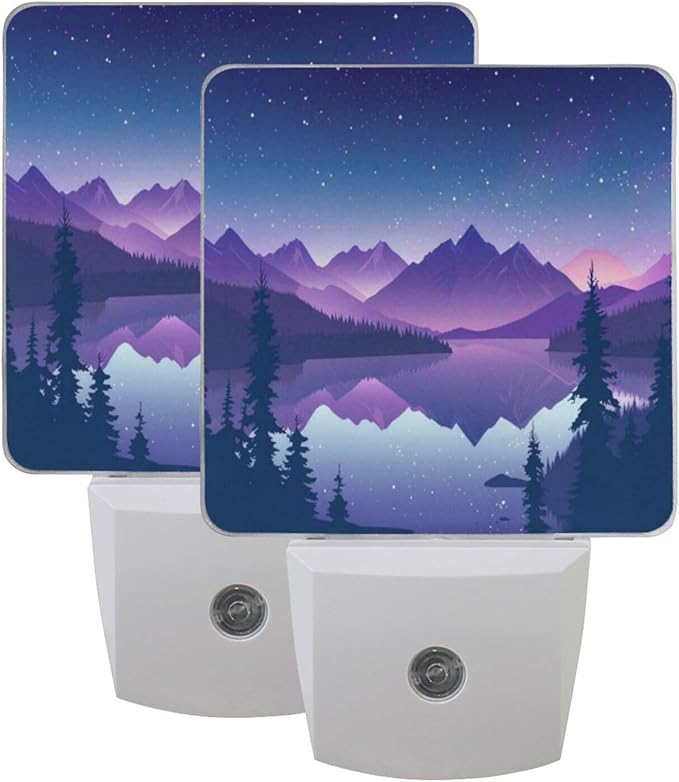 Purple Mountains Waters Night Light 2 Pack Dusk to Dawn Sensor Led Lamp for Women Men Night Lights Plug into Wall Decor for Bedroom Kitchen Corridor, 0.5W