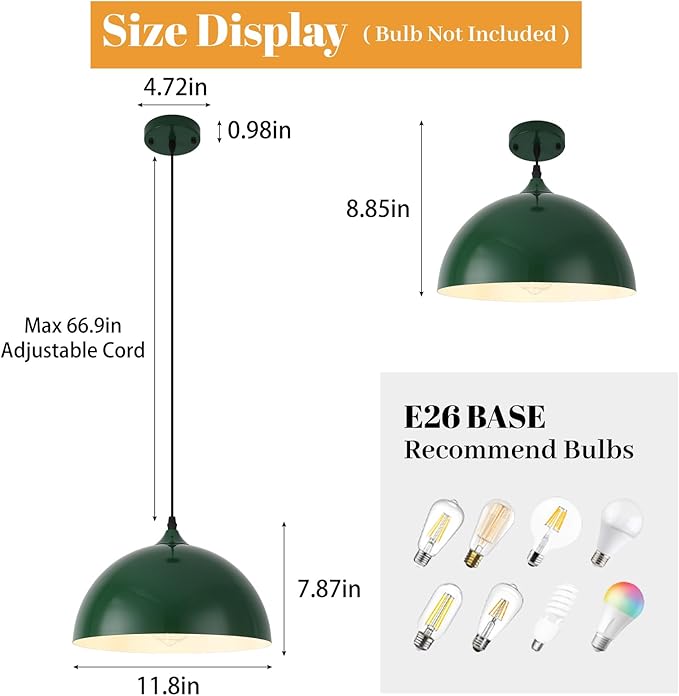 Green Pendant Lights, Dome Island Lights for Kitchen, Modern Pendant Lighting Over Kitchen Island, Pendant Light Fixtures for Dining Room, Living Room, Bar, Foyer, Sink