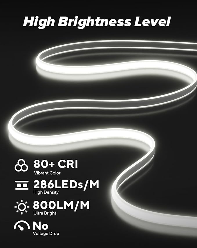 Shine Decor COB LED Rope Light AC 120V, 800lm Ultra Bright, IP65 Waterproof Cold-Resistant ETL Neon Strip, No Driver Tape Lighting for Home Commercial 10x4.5mm, 6000K Cool White, 82ft