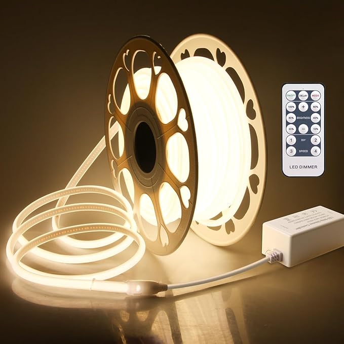 Aclorol 65.6FT AC 110V COB LED Strip Lights Outdoor Waterproof IP67 Dimmable LED Strip Light Warm White 3000K 5760 LEDs Flexible Rope Light with Remote Control for Outdoor Garden Commercial Building