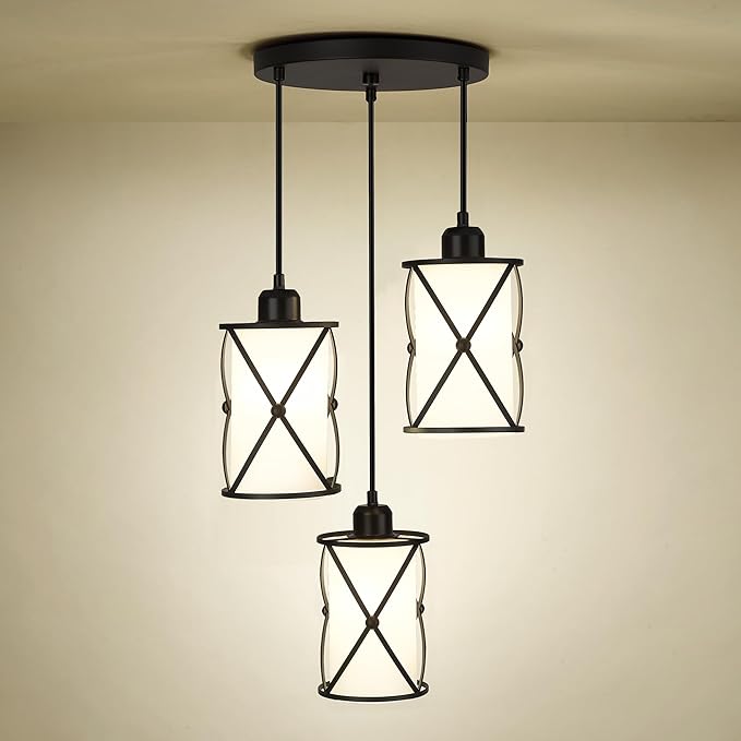 3-Light Dining Room Chandelier Light Fixtures, Black Pendant Lighting with Frosted Glass, Modern Kitchen Island Cluster Hanging Pendant Lights for Sink, CH9176BKW3
