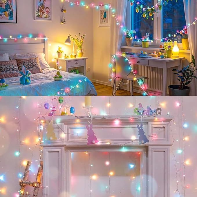 LAMPHOME 33Ft 100 LED Easter Lights Outdoor Indoor for Decorations,16modes Connectable Colorful Pastel Easter Lights String Clear Wire Plug in for Bedroom Tree Room Party Spring Decor