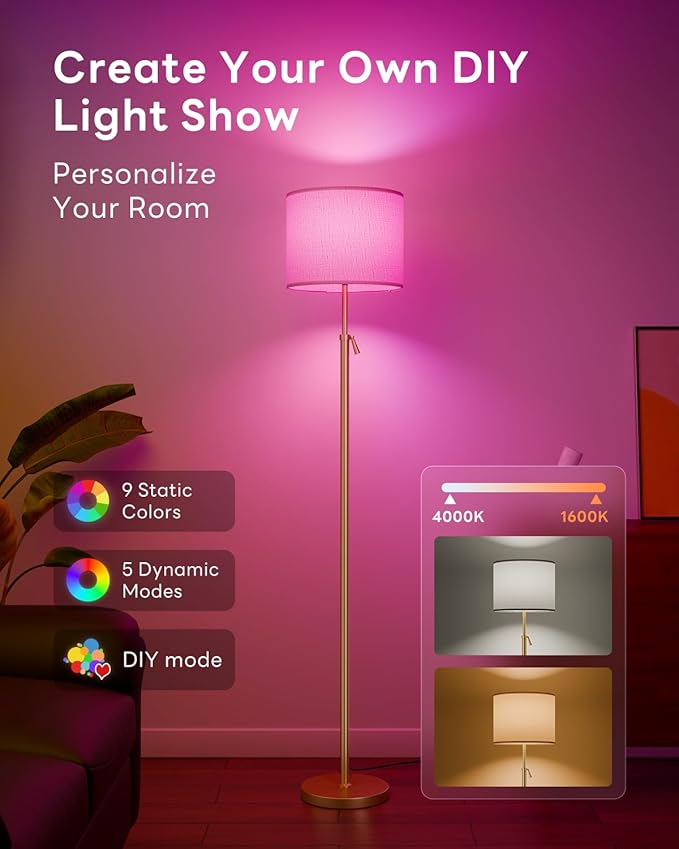 Floor Lamp for Living Room with RGBCW Color Changing Bulbs Dimmable, Adjustable Height Standing Lamp with Remote Control, 10W 1200 Lumen, Tall Lamp for Living Room, Bedroom, Office, Gold