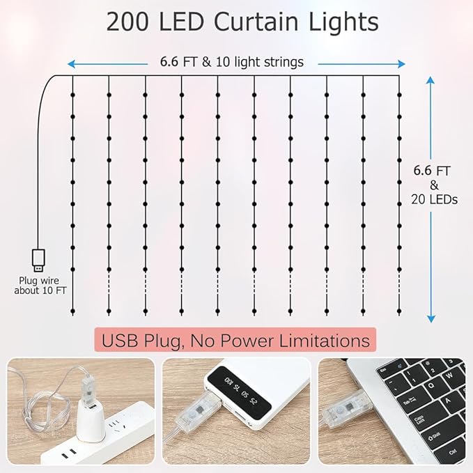 LED Curtain Lights, 6.6ft x 6.6ft 200 LED RGB Color Changing String Fairy Lights Curtain Smart APP Control, Music &Voice Sync for Bedroom Backdrop Wall Indoor Outdoor Christmas Decorations