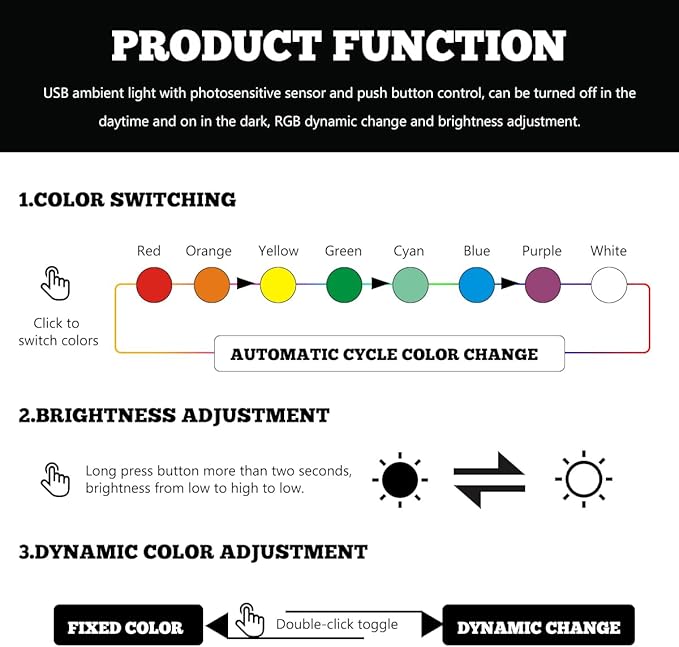 USB Type C LED Ambient Light, 8 Colors RGB LED Car Atmosphere Lamp with Adjustable Brightness, 5V Plug-in USB Night Lights Interior Decoration for Vehicle Home Office