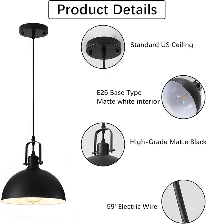 Kitchen Pendant Lighting Over Island, Matte Black Hanging Light Fixture, Pendant Lights for Dining Living Room Hallway