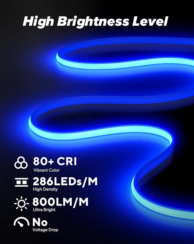 Shine Decor COB LED Rope Light AC 120V, 800lm Ultra Bright, IP65 Waterproof Cold-Resistant ETL Neon Strip, No Driver Tape Lighting for Home Commercial 10x4.5mm, Blue, 50ft
