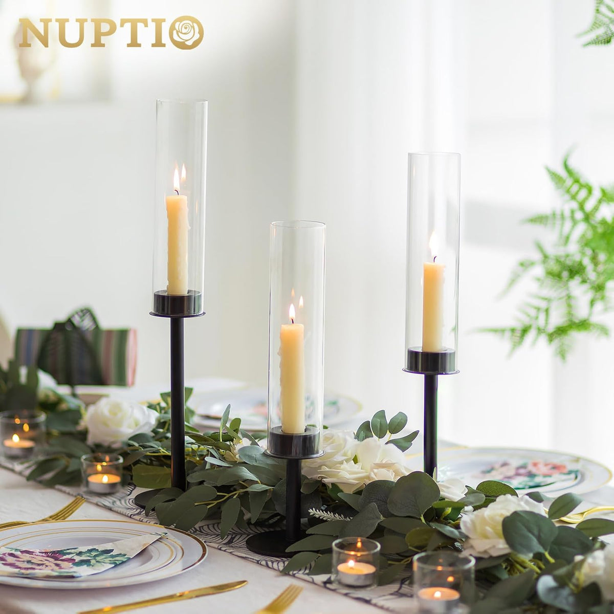 NUPTIO Black Candlestick Holders - Set of 3 Hurricane Taper Holders with Windproof Glass Cover for Elegant Table Decor