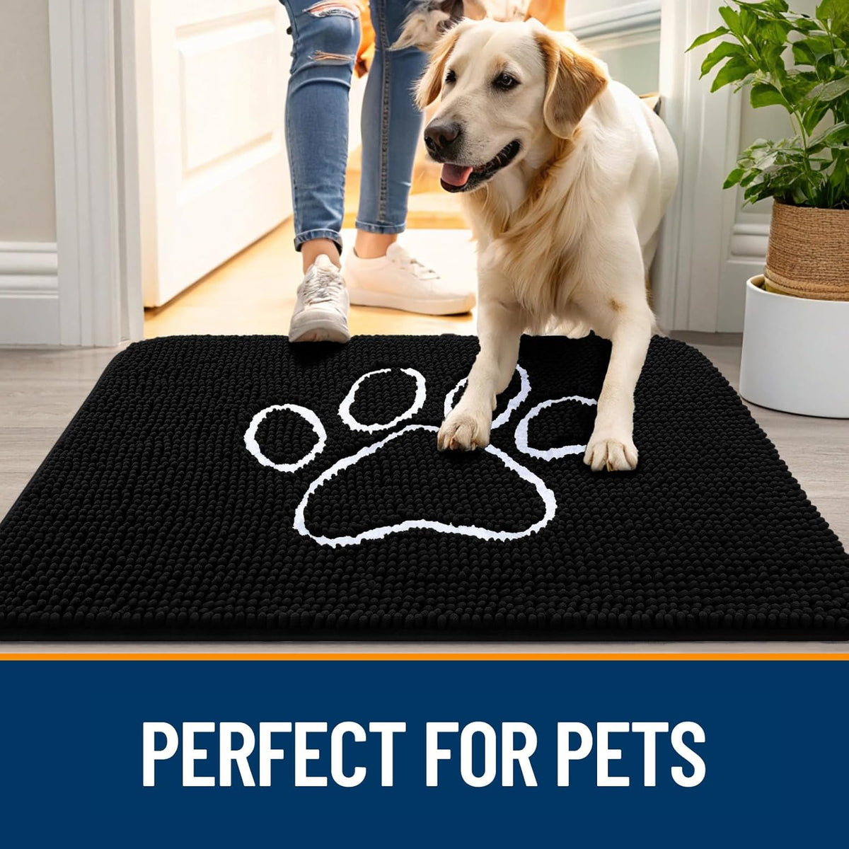 OLANLY Dog Door Mat - Absorbent Non-Slip Mud Mat for Dogs | Paw Print Design, 59x35, Quick Dry Black