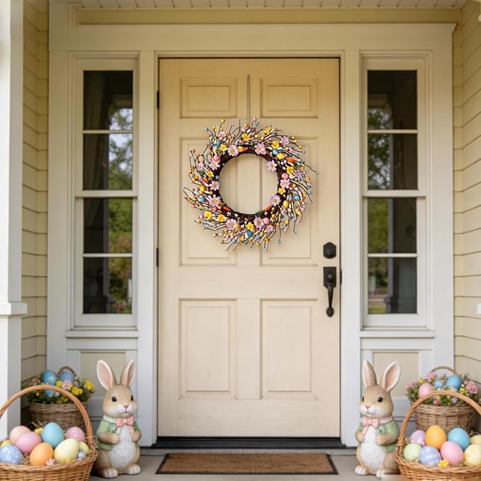 Idyllic 22 Inch Minimalist Fresh Easter Wreath with Easter Eggs Daisies and Carrot Decorations for Front Door Window Living Room Fireplace Easter Decor