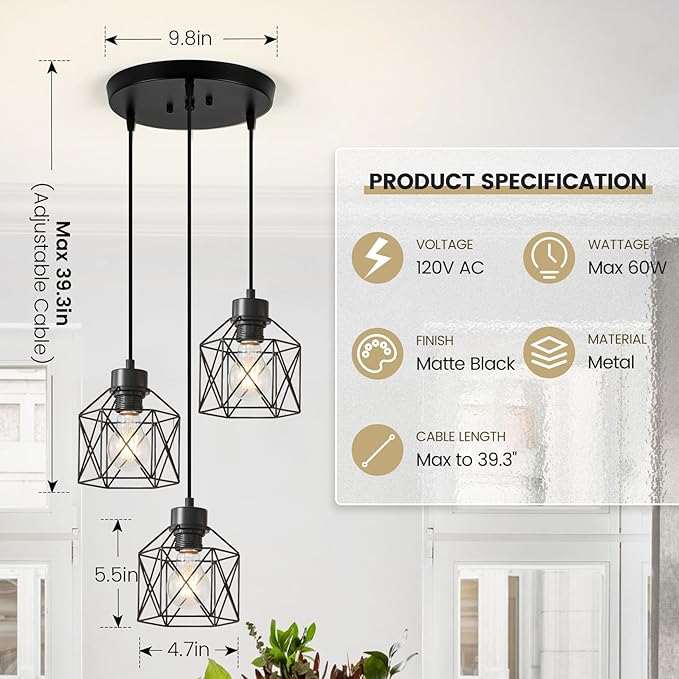 3-Light Pendant Light Fixtures, Farmhouse Hanging Pendant Lighting, Dining Room Chandelier, Industrial Kitchen Island Hanging Light Fixture, Black Metal Cage Pendant Ceiling Lamp for Kitchen