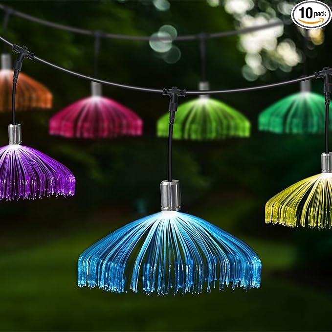AZIMOM 10PCS Fiber Optic Jellyfish Lamp 16.4ft DC12V RGB Colorful Waterproof Connectable Jellyfish Fairy String Hanging Light for Ceiling Garden Trees Christmas Party Wedding Lighting Decor
