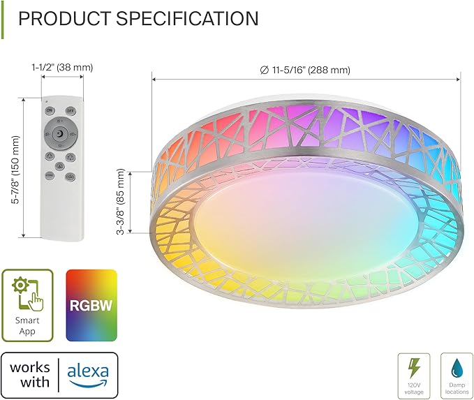 ASD 12 Inch Smart RGBW Flush Mount Ceiling Light with Remote - Brushed Nickel 20W 120V 2700-6500K Dimmable Ceiling Light Fixture, WiFi App Control RGB Lights, Alexa & Google Assistant - ETL