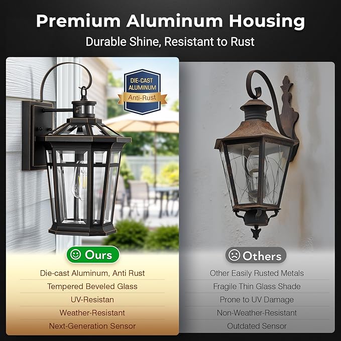 VIANIS Large Outdoor Porch Lights Wall Mount, Aluminum Motion Sensor Porch Lights Outdoor Lantern, Black with Gold Trim Exterior Lighting Fixtures, Waterproof Exterior Lighting Fixtures Dusk to Dawn