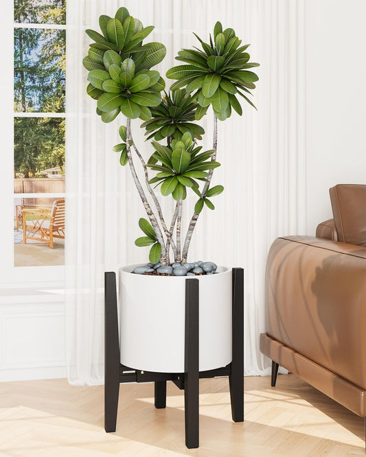 iDavosic.ly Adjustable Plant Pot Stand Indoor Outdoor, Mid Century Modern Bamboo Short Single Flower Holder Fits 8 to 12 Inch Large Heavy Duty Planter (Not Included) | Black