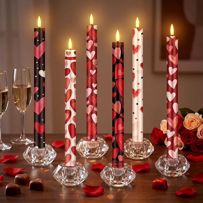 6 Pcs Valentines Day LED Flameless Candle Set Valentine Day Flameless Taper Candles with Heart Battery Operated Seasonal Celebration with Remote for Wedding Romantic Night