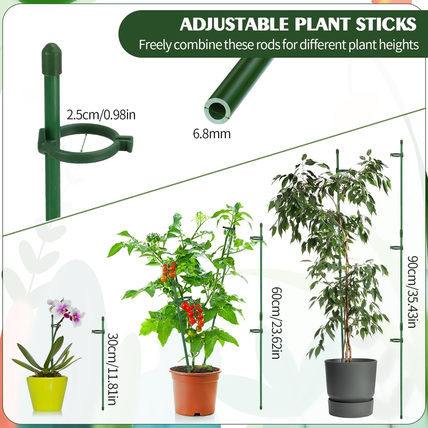 Hoemwarm 30 Pcs Adjustable Plant Sticks, 12 in Plant Support Sticks Plant Support Stakes with Orchid Clips Garden Ties Plant Support Cage for Potted Plants Indoor Orchid Flower Tomato, Green